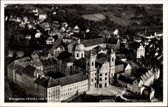 Postcard Weingarten in Württemberg, aerial photograph, monastery, buildings, hilly landscape