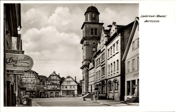 Postcard Lauterbach in Hesse, market square, food Dujardin brandy, half-timbered houses, pharmacy