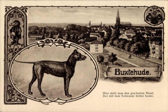 Artist Postcard Buxtehude in Lower Saxony, dog barking with its tail, hedgehog with whistle