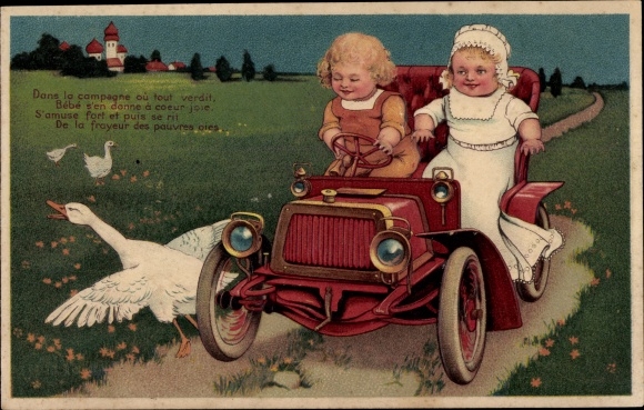Embossed Chromo-Litho Two girls in an open-top automobile, goose