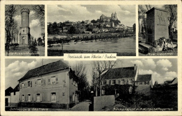 Postcard Breisach am Oberrhein, Tulla observation tower, Schlossberg inn, hunter monument