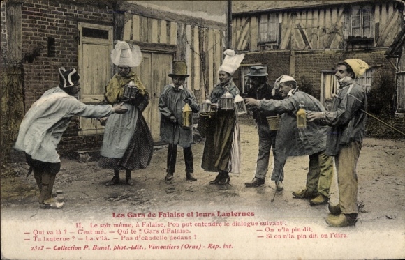 Postcard Falaise Calvados, people in traditional costumes, lanterns