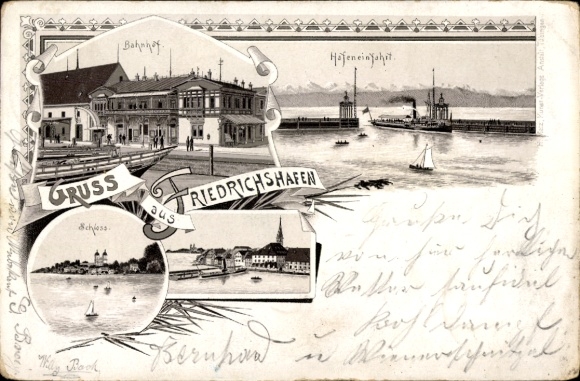 Vorläufer Litho Friedrichshafen am Bodensee, Gesamtansicht, Hafen, Bahnhof, Schloss