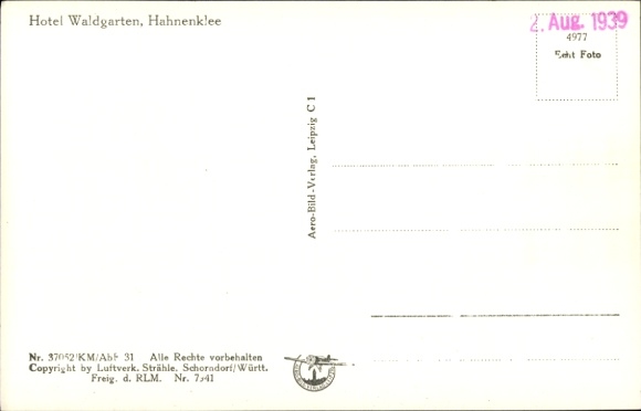 Postcard Hahnenklee Bockswiese Goslar in the Harz Mountains, aerial photograph, Hotel Waldgarten