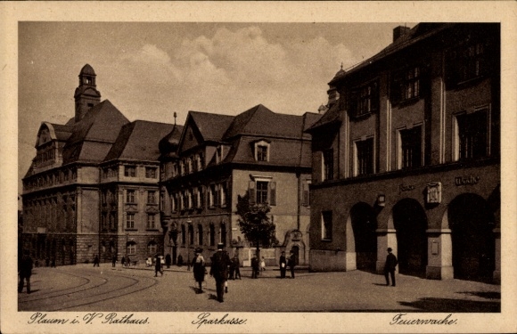 Postcard Plauen im Vogtland, Town Hall, Savings Bank, Fire Station