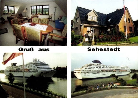 Ak Sehestedt aan het Noord-Baltische Zeekanaal, uitzicht op de gracht, schepen