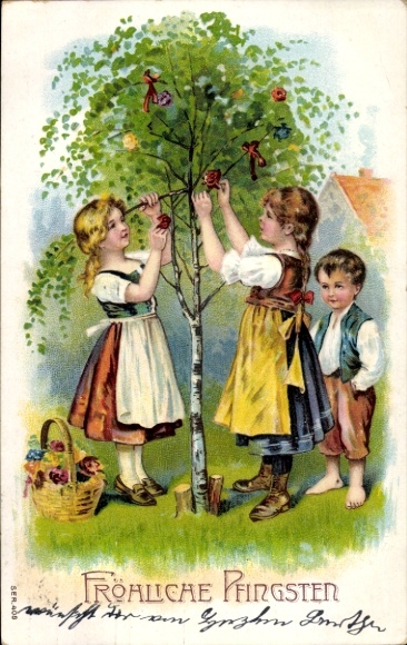 Chromo-Litho Happy Pentecost, children decorate birch