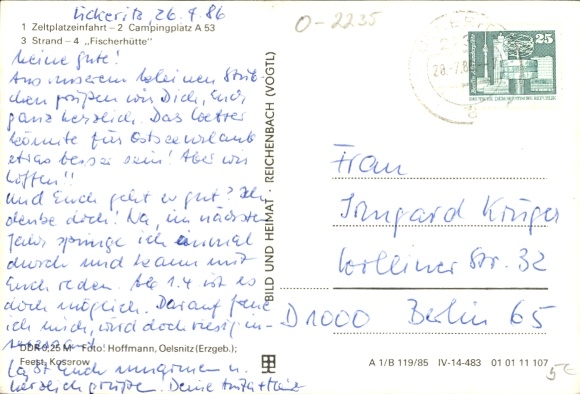 Postcard Ückeritz on the island of Usedom, campsite A 53, beach, fishing hut, Wartburg
