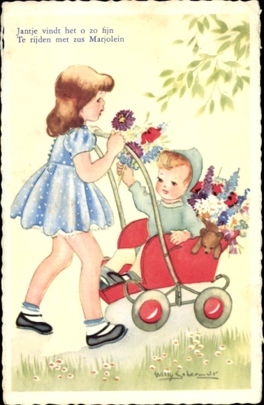 Artist Postcard Schermele, W., girl, stroller, flowers