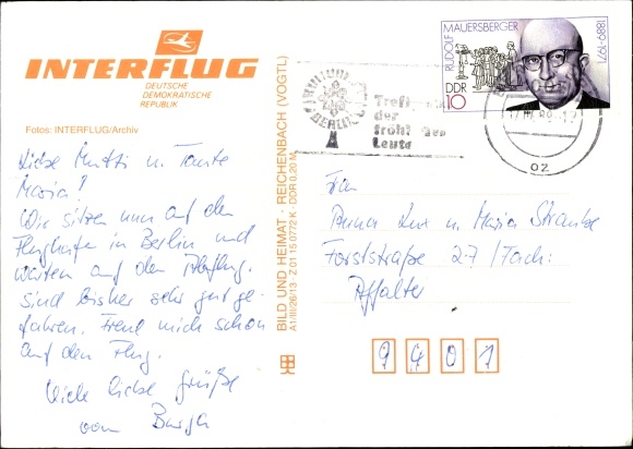 Postcard German passenger plane, Interflug, DDR SEL, Ilyushin IL 62, pilots, stewardess