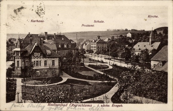 Ak Oberschlema Bad Schlema im Erzgebirge, Kurhaus, Schule, Postamt, Kirche