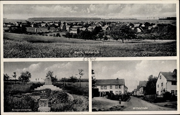 Postcard Reich im Hunsrück, Mittelstraße, war memorial, total view of the village with surroundings