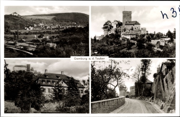 Postcard Gamburg Werbach an der Tauber, old castle, total view, access to the castle, view of the mountain