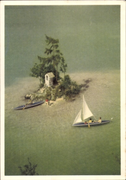 Postcard Drive happily into the wide world with Kleppermantel, boat and tent, sailboat, advertising