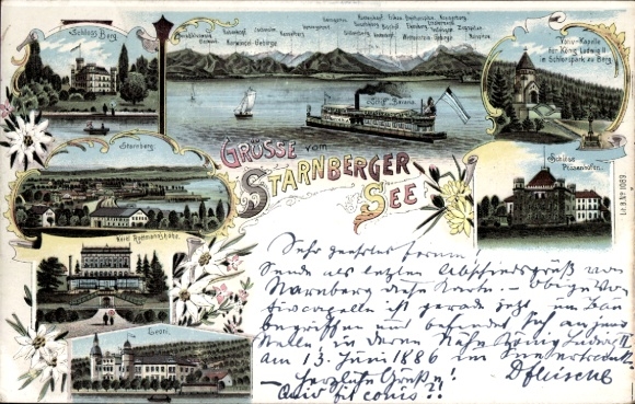 Chromo-Litho Possenhofen Pöcking in the district of Starnberg Upper Bavaria, Starnberg, Leoni, Berg Castle, steamer