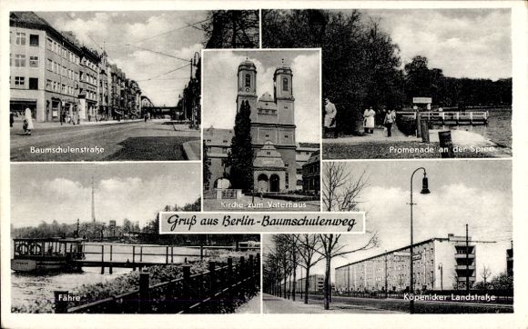 Postcard Berlin Treptow Baumschulenweg, Baumschulenstraße, Promenade, Spree, Ferry, Church