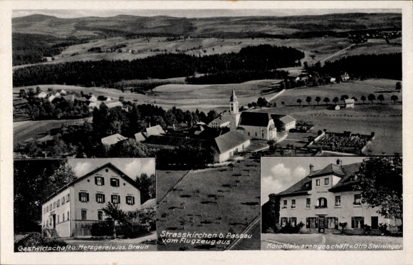 Ak Strasskirchen Straßkirchen, Fliegeraufnahme, Gasthaus Jos. Braun, Geschäft Otto Steininger