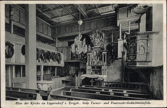 Ak Lippersdorf Lengefeld Erzgebirge, Kirche, Altar, Turner- und Feuerwehr-Gedächtnistafeln