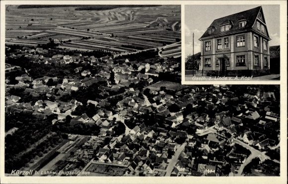 Ak Kürzell Meißenheim am Rhein Baden, Luftaufnahme von  Gasthaus 2. Linde, ländliche Umgebung