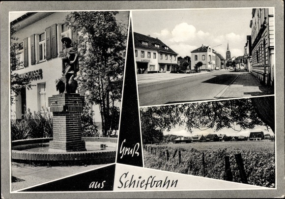 Postcard Schiefbahn Willich am Niederrhein, fountain with statue, street section