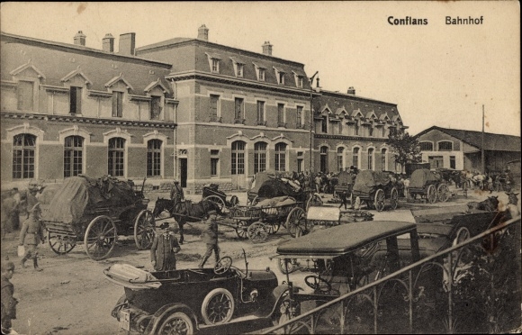 Postcard Conflans Yvelines, Bahnhof, Autos, Fuhrwerke