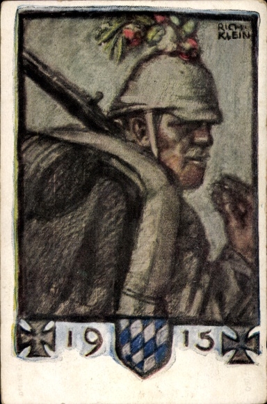 Artist Postcard Klein, Richard, German soldier, 1915, Bavarian war invalid welfare