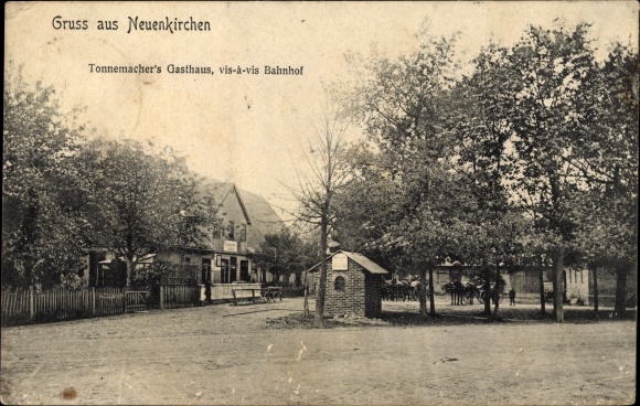 Postcard Neuenkirchen in Lower Saxony, barrel maker&#39;s inn, train station
