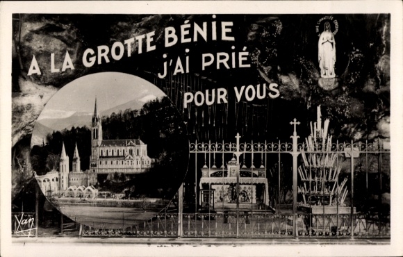 Ak Lourdes Hautes Pyrénées, Grotte Bénie, Gebet, Basilika, religiöse Motive
