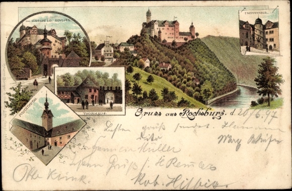 Chromo-Litho Rochsburg Lunzenau in Saxony, Thorhaus, castle, powder tower, staircase