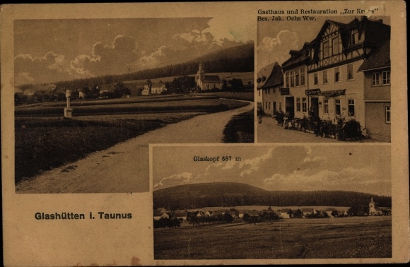 Postcard Glashütten im Taunus Hesse, Inn Zur Krone, glass head, view of the town