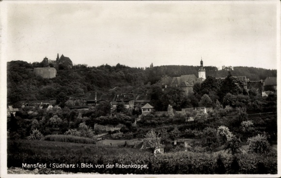 Ak Mansfeld im Harzvorland, Blick von der Rabenkoppe, Stadtansicht, Burgen, Landschaft