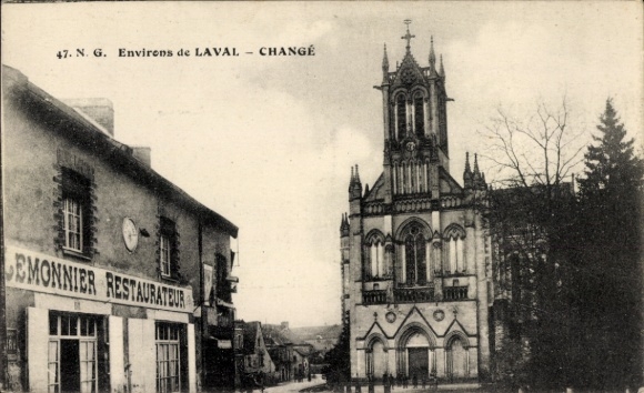 Postcard Changé Sarthe, city view, church, restaurant, architecture
