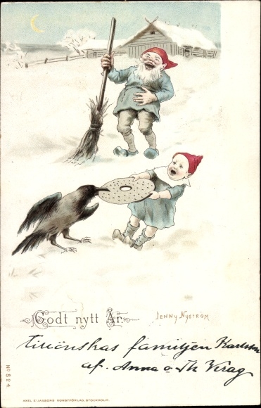 Artist PC Nyström, Jenny, Happy New Year, dwarf and raven pull on a biscuit