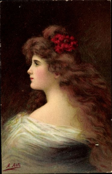 Artist Postcard Asti, Angelo, portrait of a young woman with long brunette hair