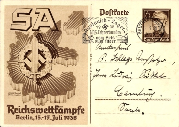 Postal stationery artist Postcard Axster Heudtlaß, SA Reichswettbewerbe Berlin 1938