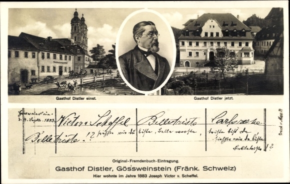 Postcard Gößweinstein in Franconia, Gasthof Distler, Joseph Scheffel, portrait, entry in the foreign book