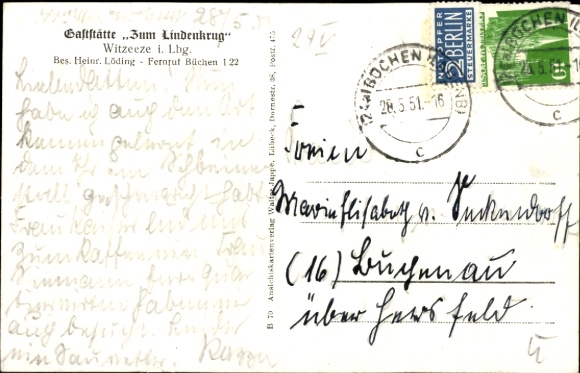 Ak Witzeeze in Lauenburg, restaurant Zum Linddenkrug, kerk, brug