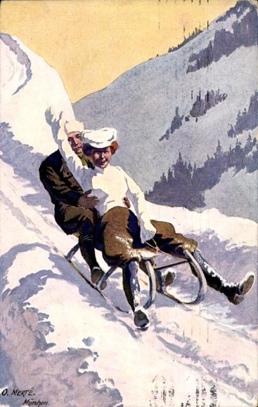 Artist Postcard Merté, Oskar, Couple on a sleigh, winter landscape