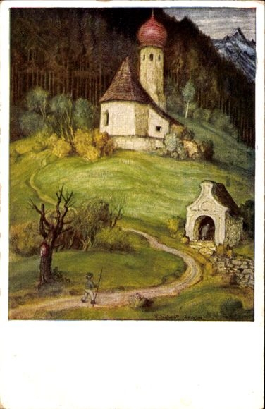 Artist Postcard Schiestl, Matthew, landscape, church, mountain chapel