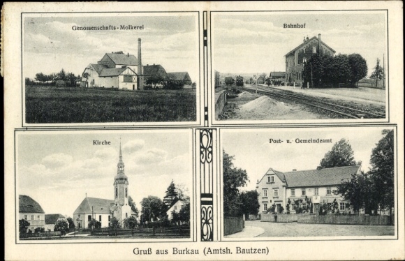 Postcard Burkau in Saxony, cooperative dairy, train station, church, post office and municipal office