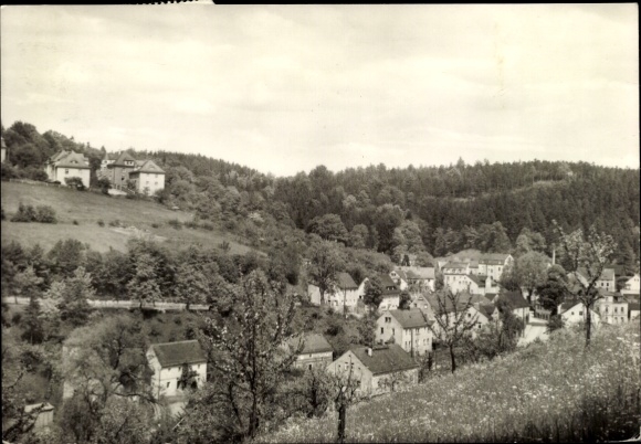 Postcard Rabenau in the Ore Mountains, beautiful landscape, numerous houses, wooded hills, historic...