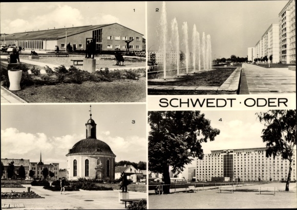 Postcard Schwedt an der Oder, French chapel, sports hall, Leninallee, singles&#39; dormitory