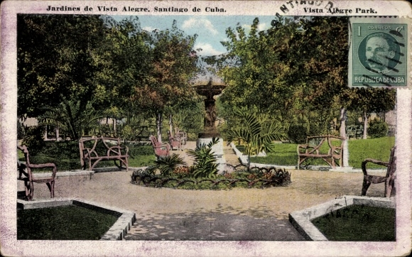 Postcard Santiago de Cuba Cuba, garden landscape, fountain, benches, plants, Vista Alegre Park