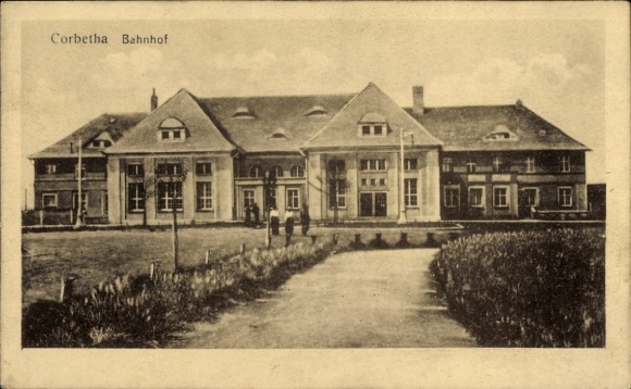 Postcard Corbetha Korbetha Schkopau in the Saalekreis, Corbetha train station, architecture, people, nature, street