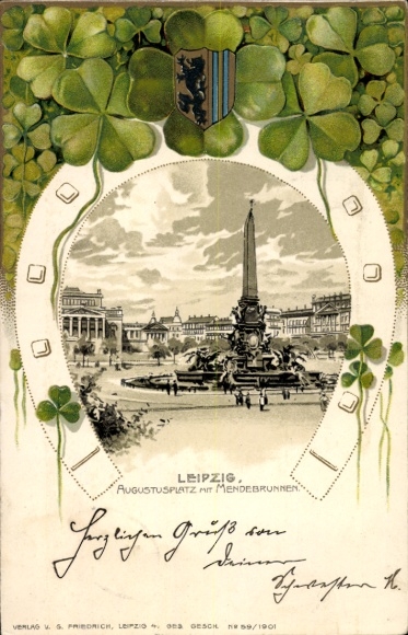 Passepartout Litho Leipzig, Augustusplatz, Mendebrunnen, Hufeisen, Glücksklee, Wappen