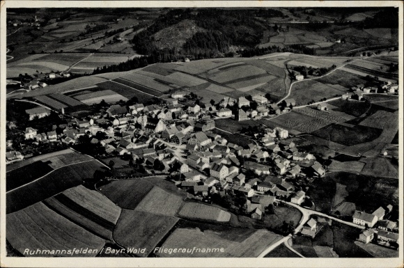 Postcard Ruhmannsfelden Bavarian Forest, total view of the village, aerial photo