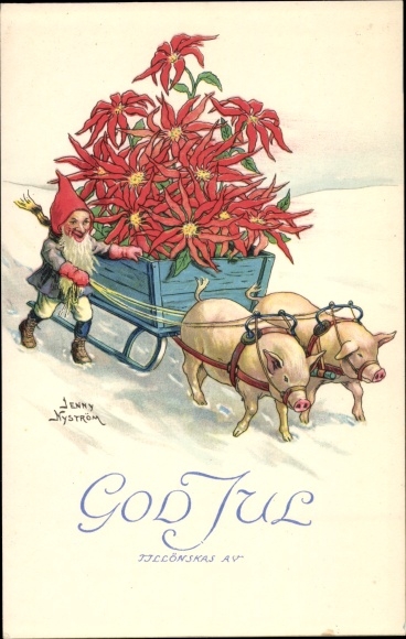 Künstler Ak Nyström, Jenny, Glückwunsch Weihnachten, Schweine ziehen Schlitten, Zwerg, Blumen
