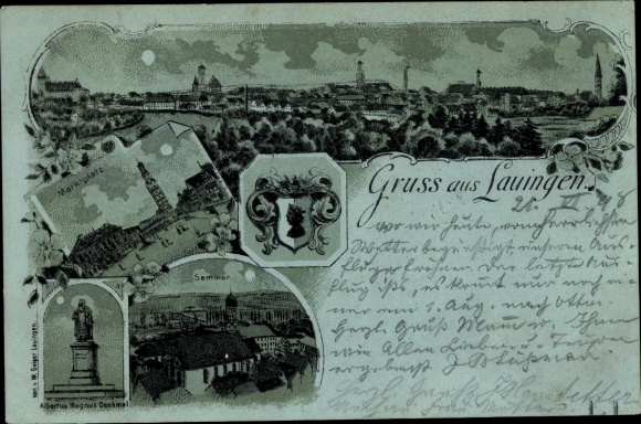 Maanlicht litho Lauingen aan de Donau Zwabische Alb, stadswapen, markt, seminar, afstandsschot