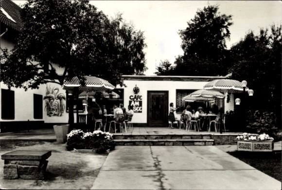 Postcard Goyatz Schwielochsee in Lower Lusatia, café by the lake, terrace, tables with parasols, B