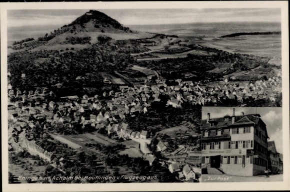 Postcard Eningen unter Achalm am Albtrauf, aerial view of Eningen, Achalm, Gasthaus zur Post, beautiful